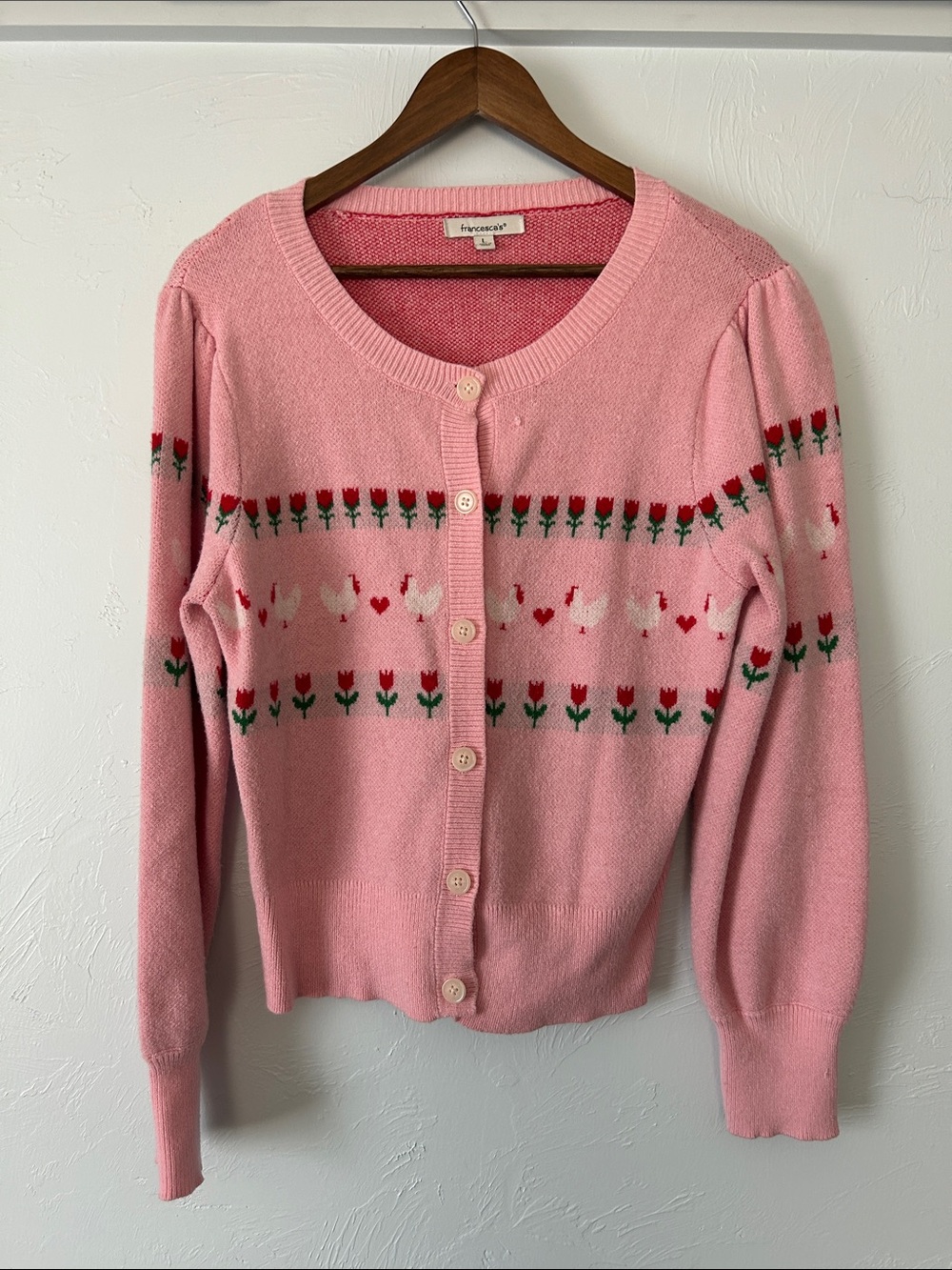 Francesca's Collections Pink Tulip & Chicken Farmer Knit Cardigan